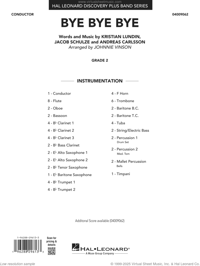 Bye Bye Bye (arr. Johnnie Vinson) (COMPLETE) sheet music for concert band by Johnnie Vinson, Andreas Carlsson, Jacob Schulze and Kristian Lundin, intermediate skill level