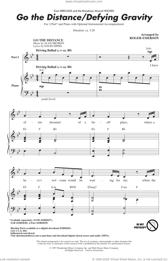 Go The Distance / Defying Gravity (from Hercules and Wicked) (arr. Roger Emerson) sheet music for choir (2-Part) by Alan Menken, David Zippel & Stephen Schwartz, Roger Emerson, Alan Menken, David Zippel and Stephen Schwartz, intermediate duet