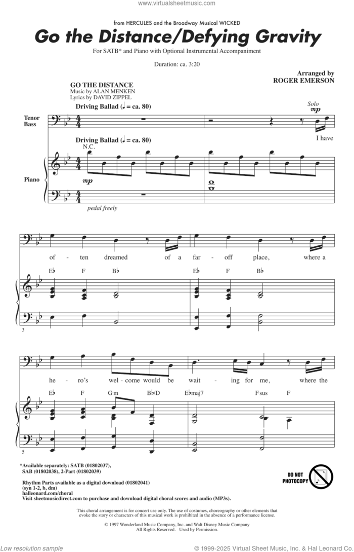 Go The Distance / Defying Gravity (from Hercules and Wicked) (arr. Roger Emerson) sheet music for choir (SATB: soprano, alto, tenor, bass) by Alan Menken, David Zippel & Stephen Schwartz, Roger Emerson, Alan Menken, David Zippel and Stephen Schwartz, intermediate skill level