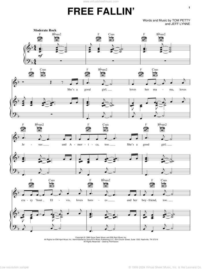 Free Fallin' sheet music for voice, piano or guitar by Tom Petty and Jeff Lynne, intermediate skill level