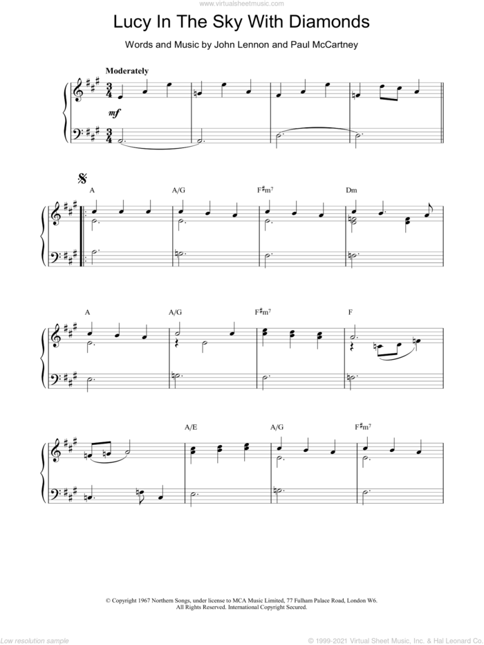 Lucy In The Sky With Diamonds sheet music for piano solo by The Beatles and John Lennon, intermediate skill level