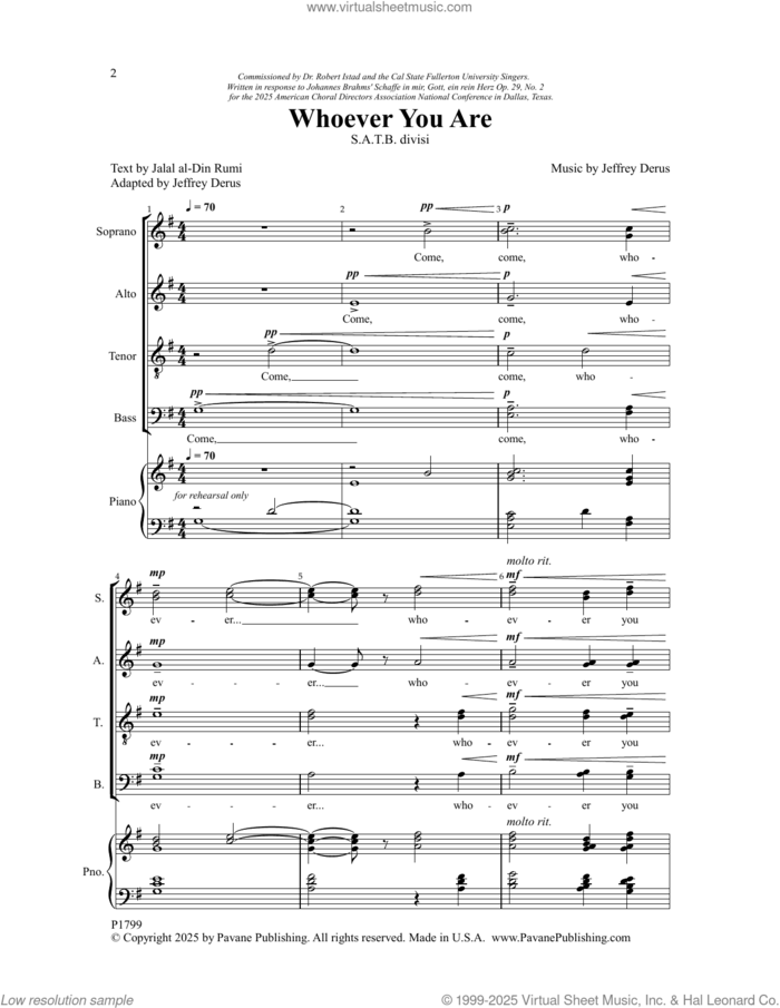 Whoever You Are sheet music for choir (SATB: soprano, alto, tenor, bass) by Jeffrey Derus and Jalal Al-Din Rumi, intermediate skill level