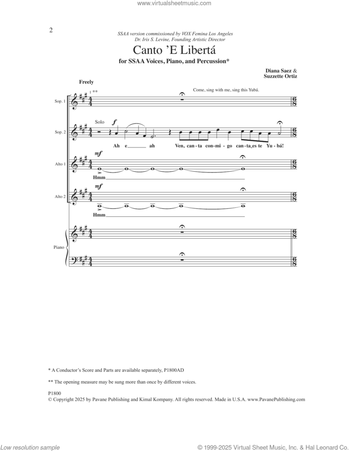 Canto 'e Liberta sheet music for choir (SSAA: soprano, alto) by Diana Saez & Suzzette Ortiz, intermediate skill level