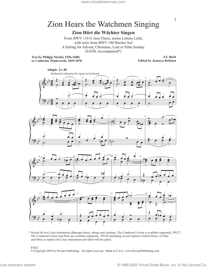 Zion Hears The Watchmen Singing sheet music for choir (SATB: soprano, alto, tenor, bass) by Johann Sebastian Bach, Philipp Nicolai and Jennaya Robinson, classical score, intermediate skill level