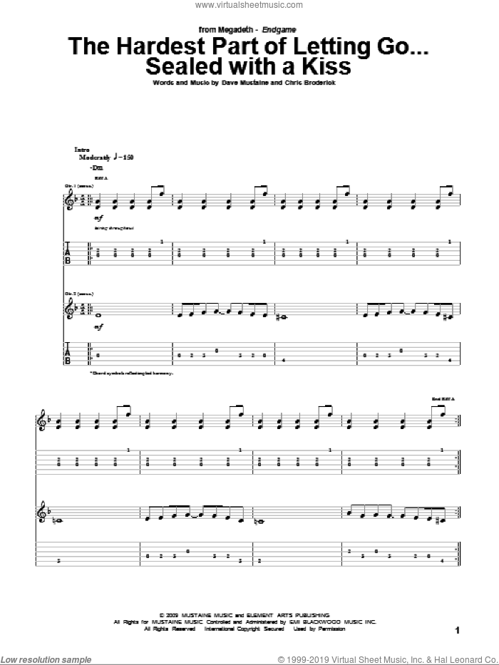 The Hardest Part Of Letting Go...Sealed With A Kiss sheet music for guitar (tablature) by Megadeth, Chris Broderick and Dave Mustaine, intermediate skill level