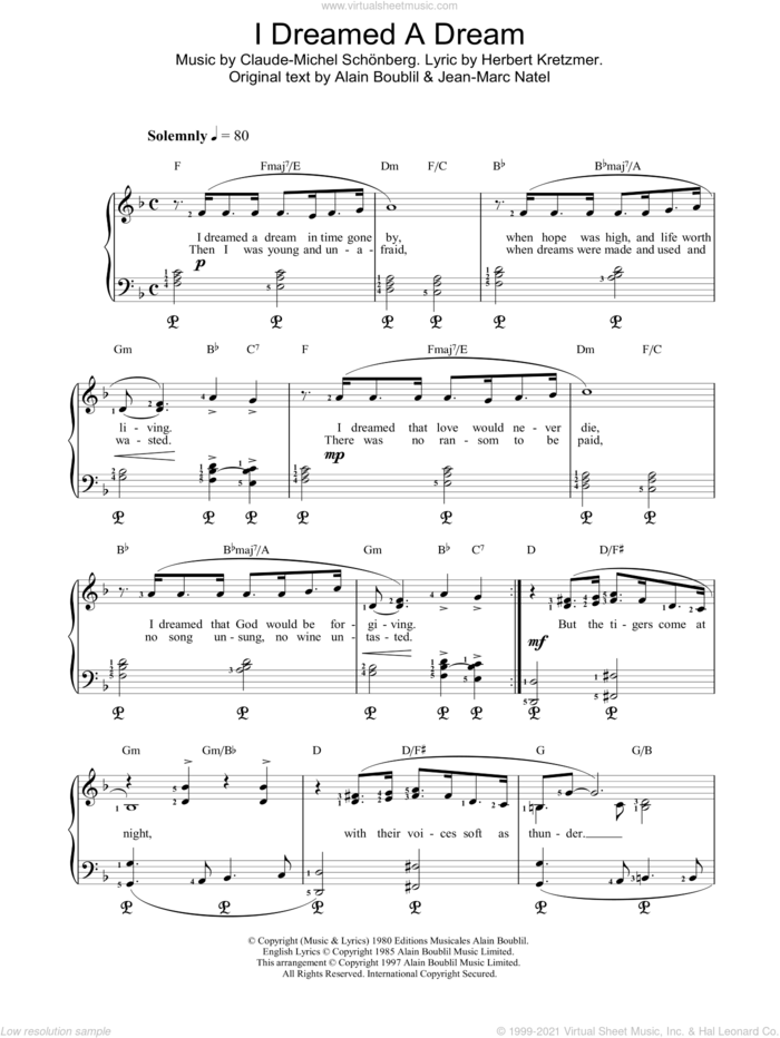 I Dreamed A Dream (from Les Miserables) sheet music for piano solo by Alain Boublil, intermediate skill level