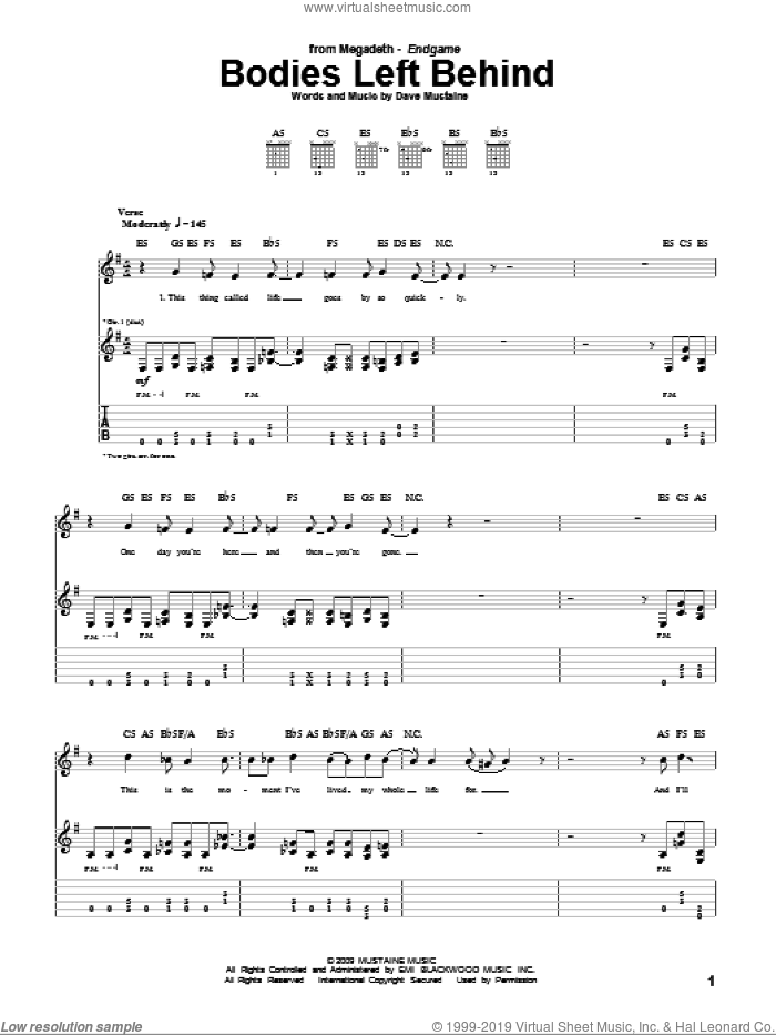 Bodies Left Behind sheet music for guitar (tablature) by Megadeth and Dave Mustaine, intermediate skill level