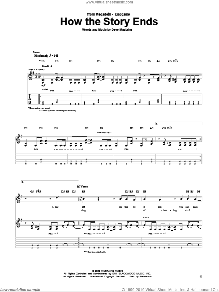 How The Story Ends sheet music for guitar (tablature) by Megadeth and Dave Mustaine, intermediate skill level