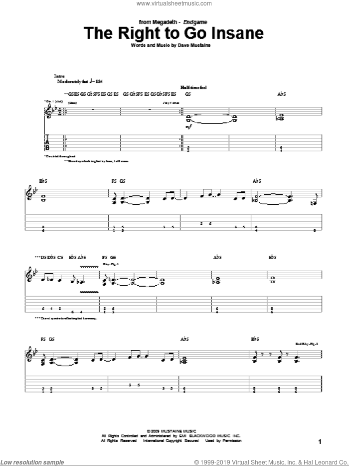 The Right To Go Insane sheet music for guitar (tablature) by Megadeth and Dave Mustaine, intermediate skill level