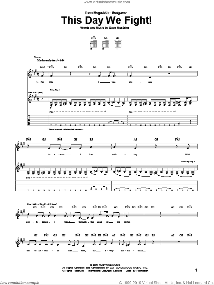 This Day We Fight! sheet music for guitar (tablature) by Megadeth and Dave Mustaine, intermediate skill level
