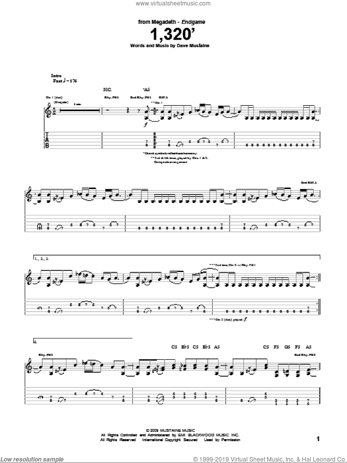 1,320' sheet music for guitar (tablature) by Megadeth and Dave Mustaine, intermediate skill level