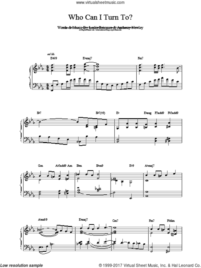 Who Can I Turn To (When Nobody Needs Me) sheet music for piano solo by Bill Evans, Tony Bennett, Anthony Newley and Leslie Bricusse, intermediate skill level