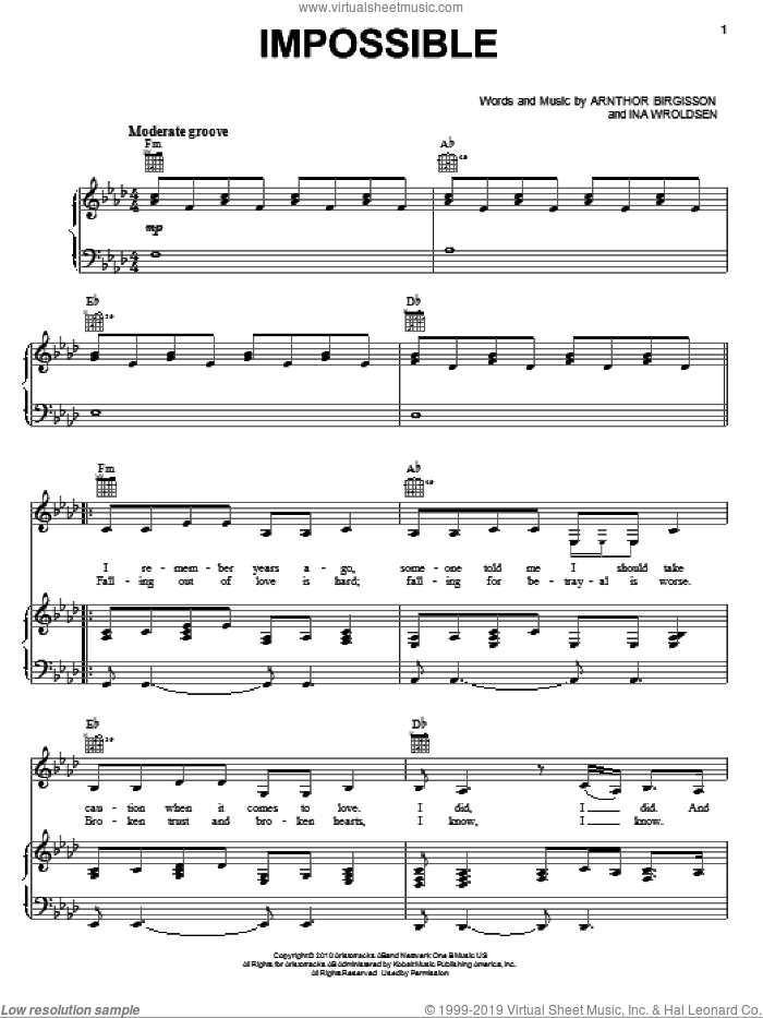 Impossible sheet music for voice, piano or guitar by Shontelle, Arnthor Birgisson and Ina Wroldsen, intermediate skill level