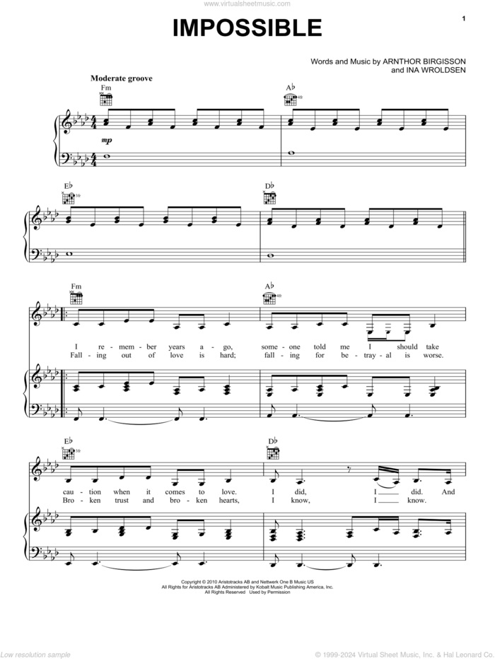 Impossible sheet music for voice, piano or guitar by Shontelle, Arnthor Birgisson and Ina Wroldsen, intermediate skill level