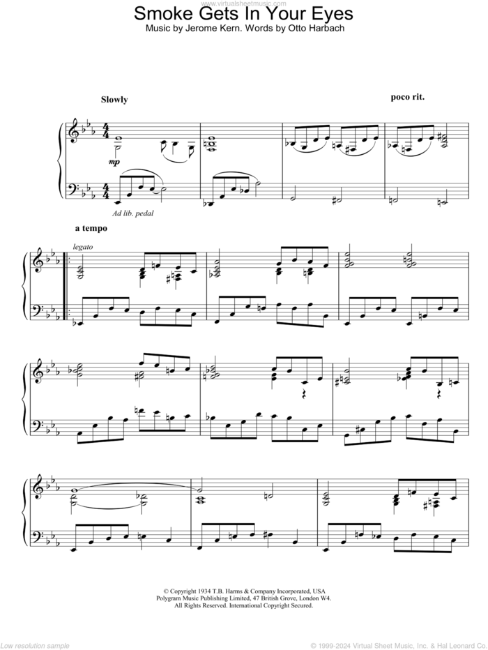 Smoke Gets In Your Eyes (from Roberta) sheet music for piano solo by Frank Sinatra, HARBACH, Jerome Kern and Otto Harbach, intermediate skill level