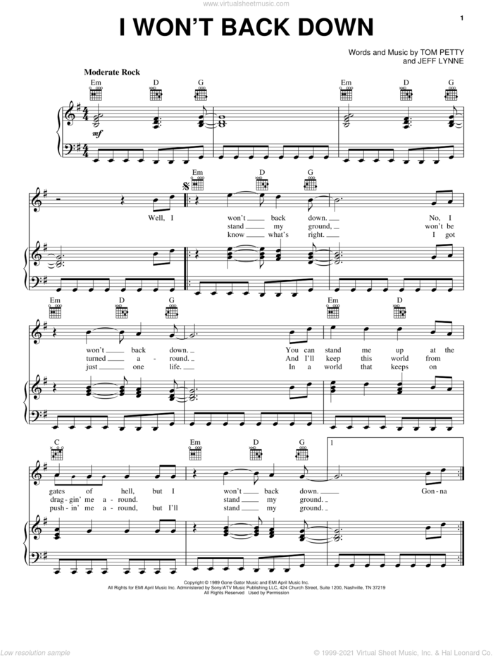 I Won't Back Down sheet music for voice, piano or guitar by Tom Petty and Jeff Lynne, intermediate skill level