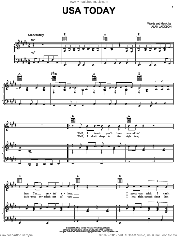 USA Today sheet music for voice, piano or guitar by Alan Jackson, intermediate skill level