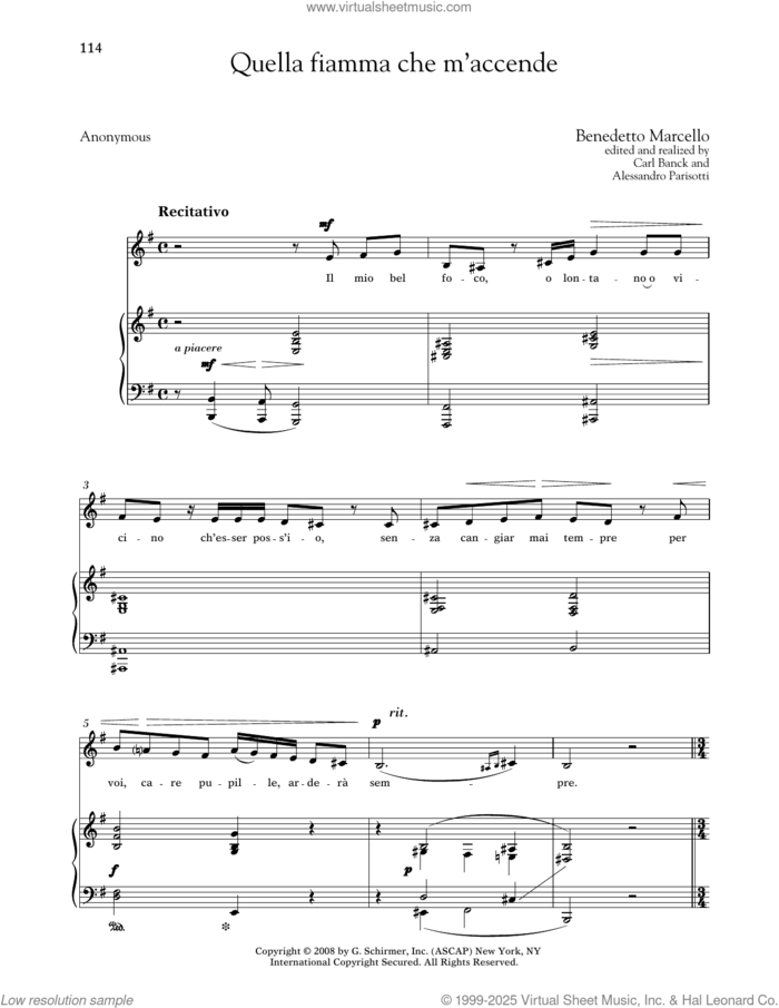 Quella Fiamma Che M'accende (Medium Low Voice) sheet music for voice and piano (Medium Low Voice) by Benedetto Marcello, Alessandro Parisotti (ed.), Carl Banck (ed.) and Anonymous, classical score, intermediate skill level