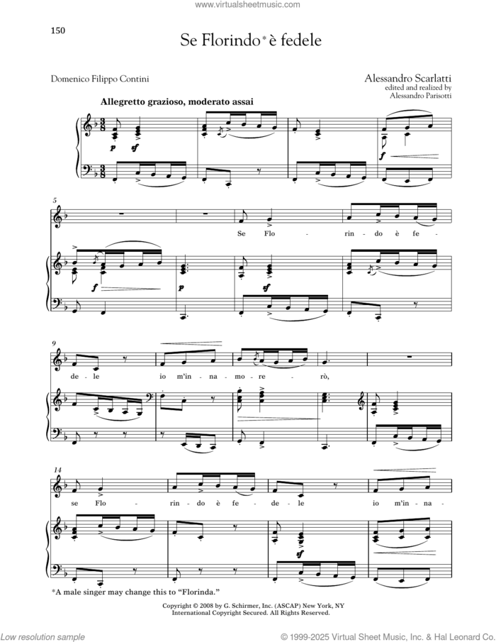 Se Florindo E Fedele (Medium Low Voice) sheet music for voice and piano (Medium Low Voice) by Alessandro Scarlatti, Alessandro Parisotti (ed.) and Domenico Filippo Contini, classical score, intermediate skill level