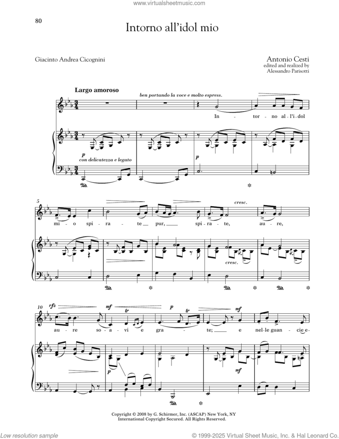 Intorno All'idol Mio (Medium Low Voice) sheet music for voice and piano (Medium Low Voice) by Antonio Cesti, Alessandro Parisotti (ed.) and Giacinto Andrea Cicognini, classical score, intermediate skill level