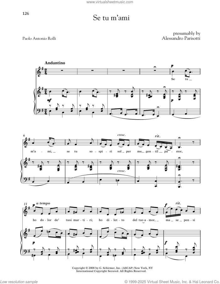 Se Tu M'ami (Medium Low Voice) sheet music for voice and piano (Medium Low Voice) by Alessandro Parisotti and Paolo Antonio Rolli, classical score, intermediate skill level