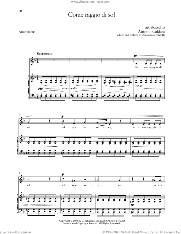 Come Raggio Di Sol (Medium Low Voice) sheet music for voice and piano (Medium Low Voice) by Antonio Caldara, Alessandro Parisotti (ed.) and Anonymous, classical score, intermediate skill level