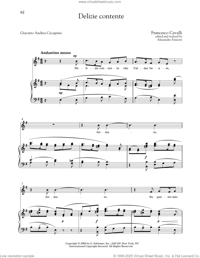 Delizie Contente (Medium Low Voice) sheet music for voice and piano (Medium Low Voice) by Francesco Cavalli, Alessandro Parisotti (ed.) and Giacinto Andrea Cicognini, classical score, intermediate skill level