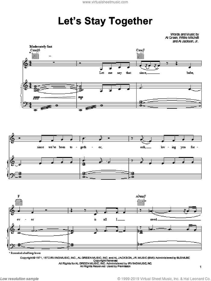 Let's Stay Together sheet music for voice, piano or guitar by Tina Turner, Al Green, Al Jackson, Jr. and Willie Mitchell, wedding score, intermediate skill level