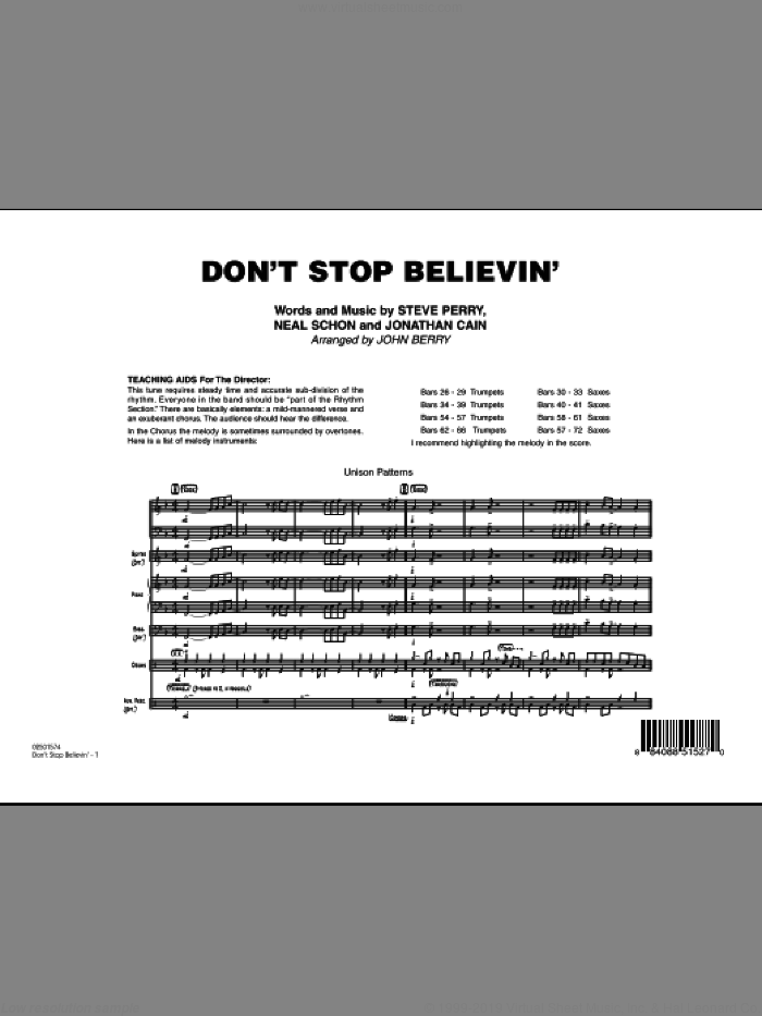 Don't Stop Believin' (COMPLETE) sheet music for jazz band by Steve Perry, Jonathan Cain, Neal Schon, John Berry and Journey, intermediate skill level