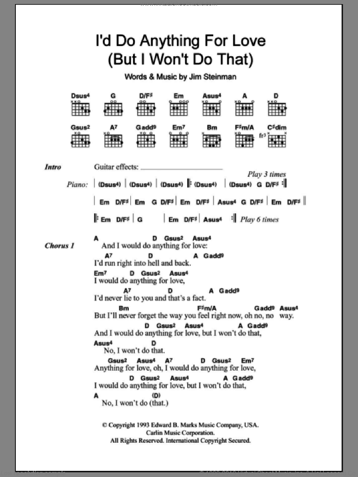 I'd Do Anything For Love (But I Won't Do That) sheet music for guitar (chords) by Meat Loaf and Jim Steinman, intermediate skill level