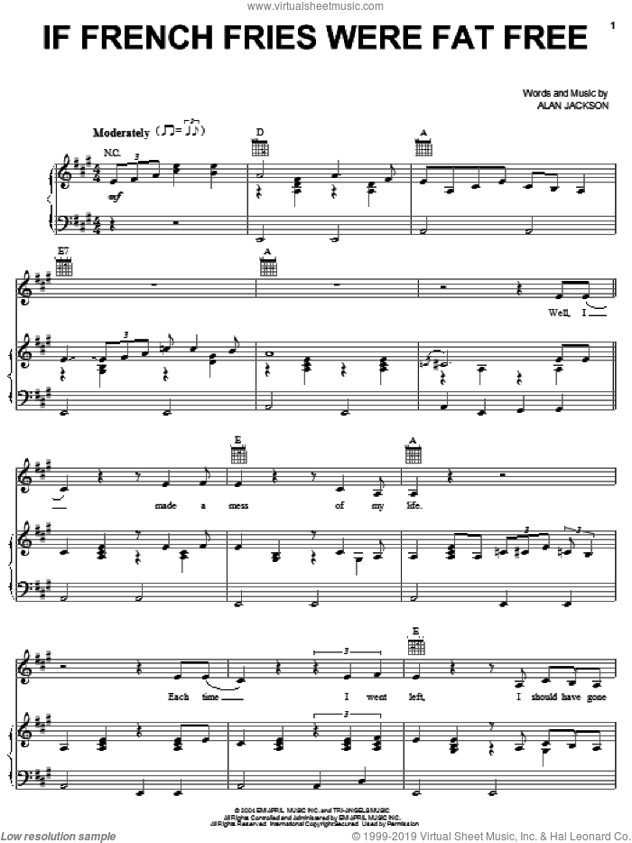 If French Fries Were Fat Free sheet music for voice, piano or guitar by Alan Jackson, intermediate skill level