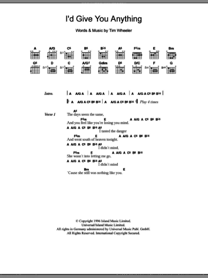 I'd Give You Anything sheet music for guitar (chords) by Tim Wheeler, intermediate skill level