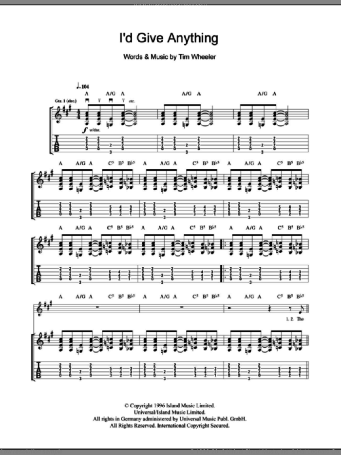 I'd Give You Anything sheet music for guitar (tablature) by Tim Wheeler, intermediate skill level