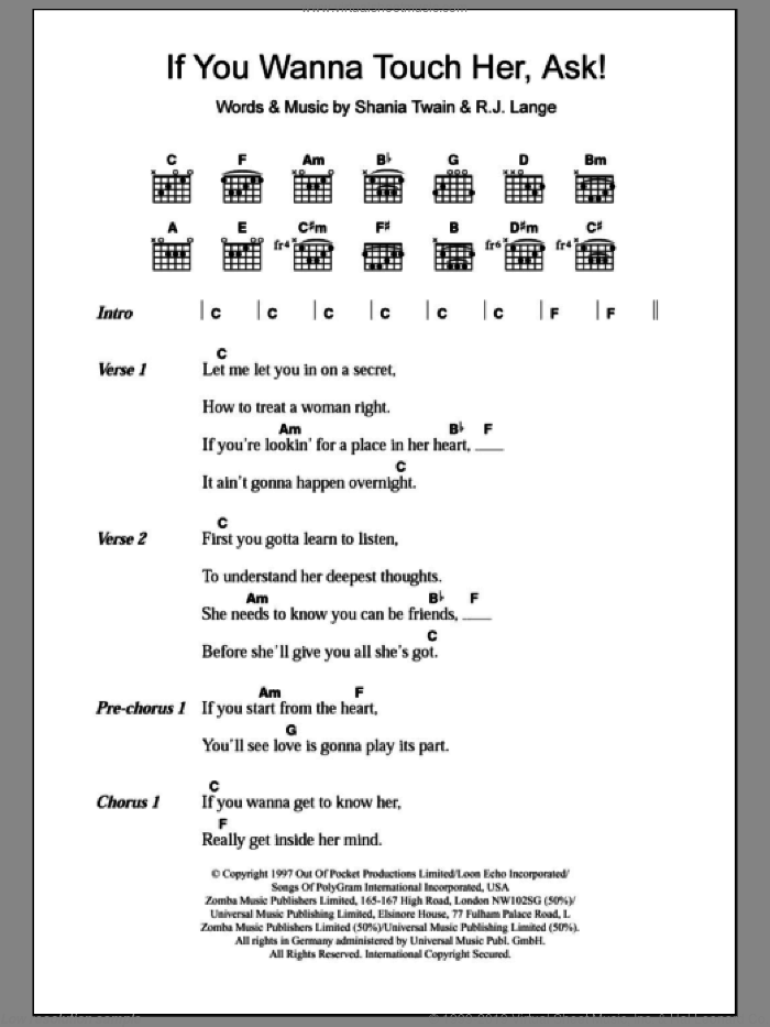 If You Wanna Touch Her, Ask! sheet music for guitar (chords) by Shania Twain and Robert John Lange, intermediate skill level