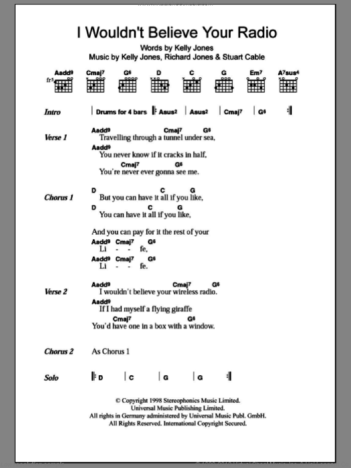 I Wouldn't Believe Your Radio sheet music for guitar (chords) by Stereophonics, Kelly Jones, RICHARD JONES and Stuart Cable, intermediate skill level