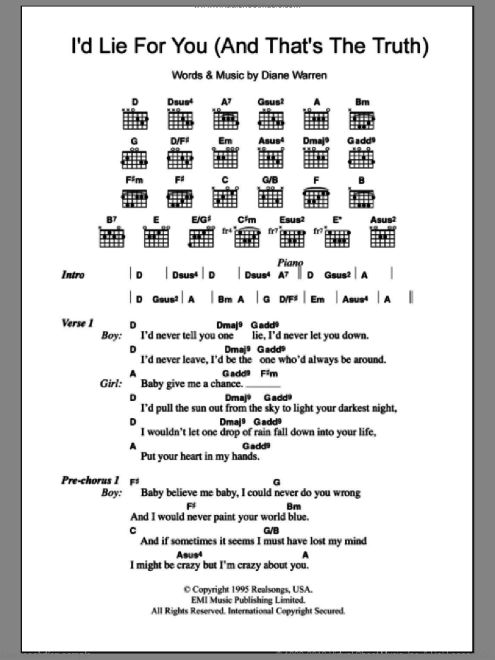 I'd Lie For You (And That's The Truth) sheet music for guitar (chords) by Meat Loaf and Diane Warren, intermediate skill level