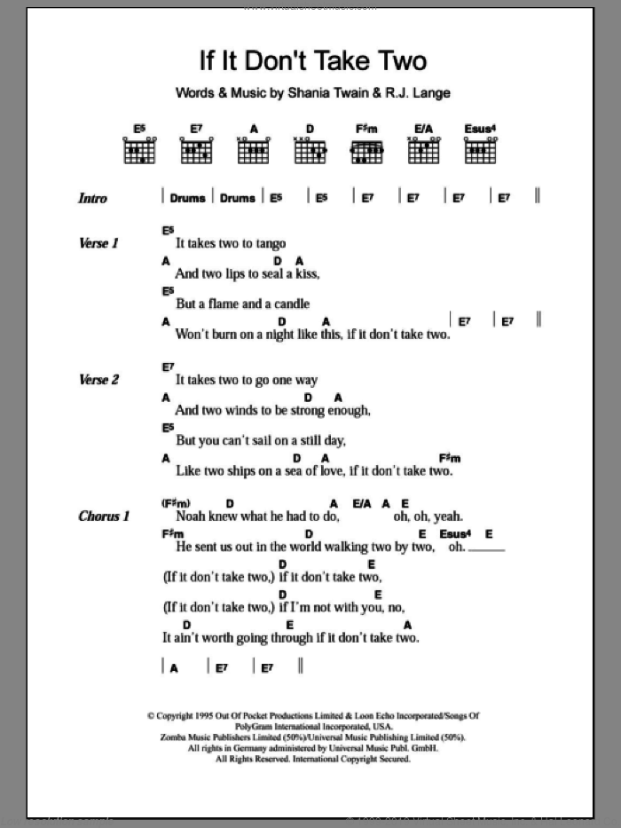 If It Don't Take Two sheet music for guitar (chords) by Shania Twain and Robert John Lange, intermediate skill level