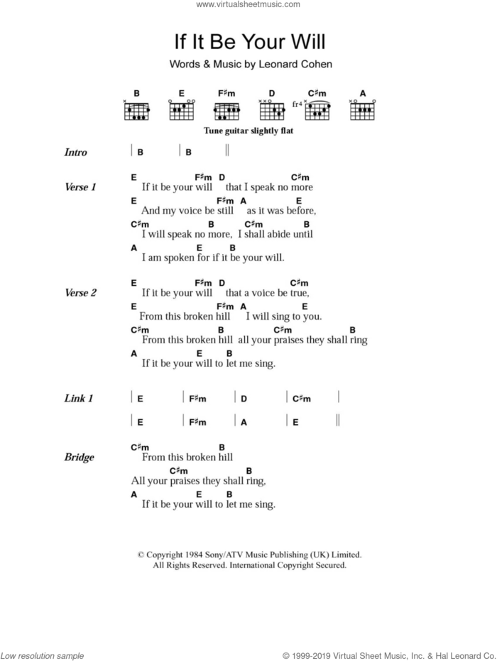 If It Be Your Will sheet music for guitar (chords) by Leonard Cohen, intermediate skill level