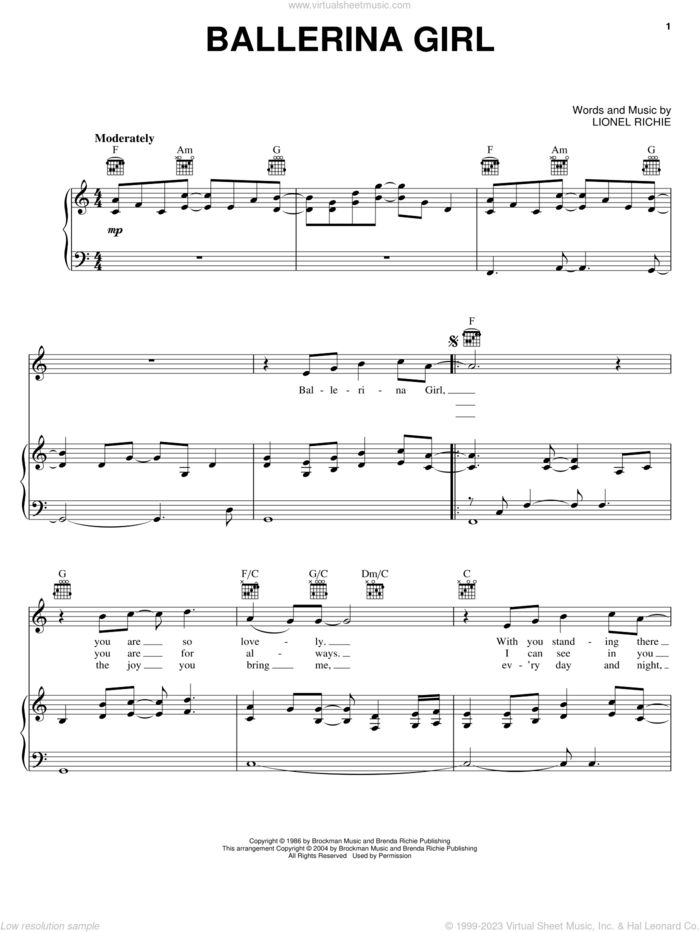 Ballerina Girl sheet music for voice, piano or guitar by Lionel Richie, intermediate skill level