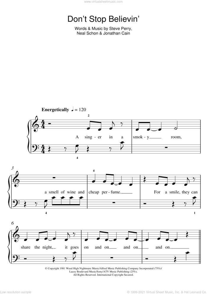 Don't Stop Believin' sheet music for piano solo (5-fingers) by Journey, Glee Cast, Jonathan Cain, Neal Schon and Steve Perry, beginner piano (5-fingers)