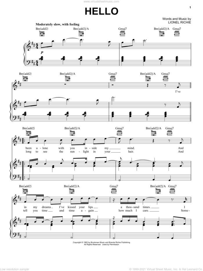 Hello sheet music for voice, piano or guitar by Lionel Richie, intermediate skill level