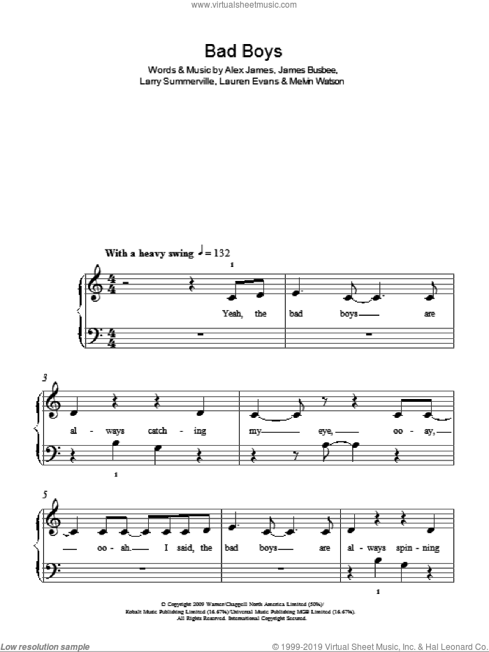 Bad Boys sheet music for piano solo by Alexandra Burke, Alex James, James Busbee, Larry Summerville, Lauren Evans and Melvin Watson, easy skill level