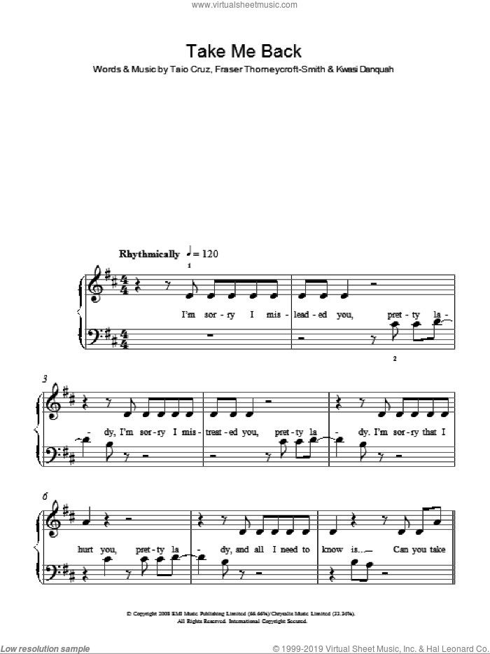 Take Me Back sheet music for piano solo by Tinchy Stryder featuring Taio Cruz, Tinchy Stryder, Fraser Thorneycroft-Smith, Kwasi Danquah and Taio Cruz, easy skill level