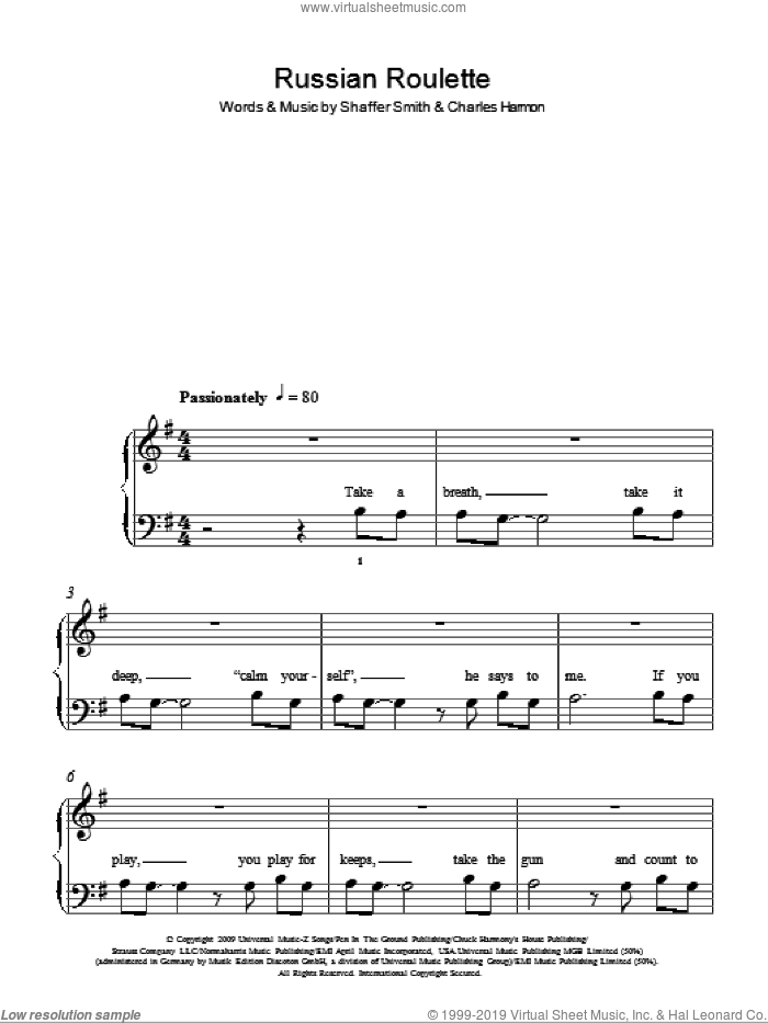 Russian Roulette sheet music for piano solo by Rihanna, Charles Harmon and Shaffer Smith, easy skill level