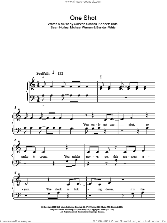 One Shot sheet music for piano solo by JLS, Brandon White, Carsten Schack, Kenneth Karlin, Michael Warren and Sean Hurley, easy skill level