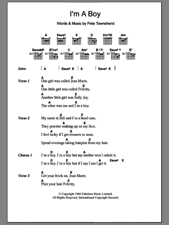 I'm A Boy sheet music for guitar (chords) by The Who and Pete Townshend, intermediate skill level