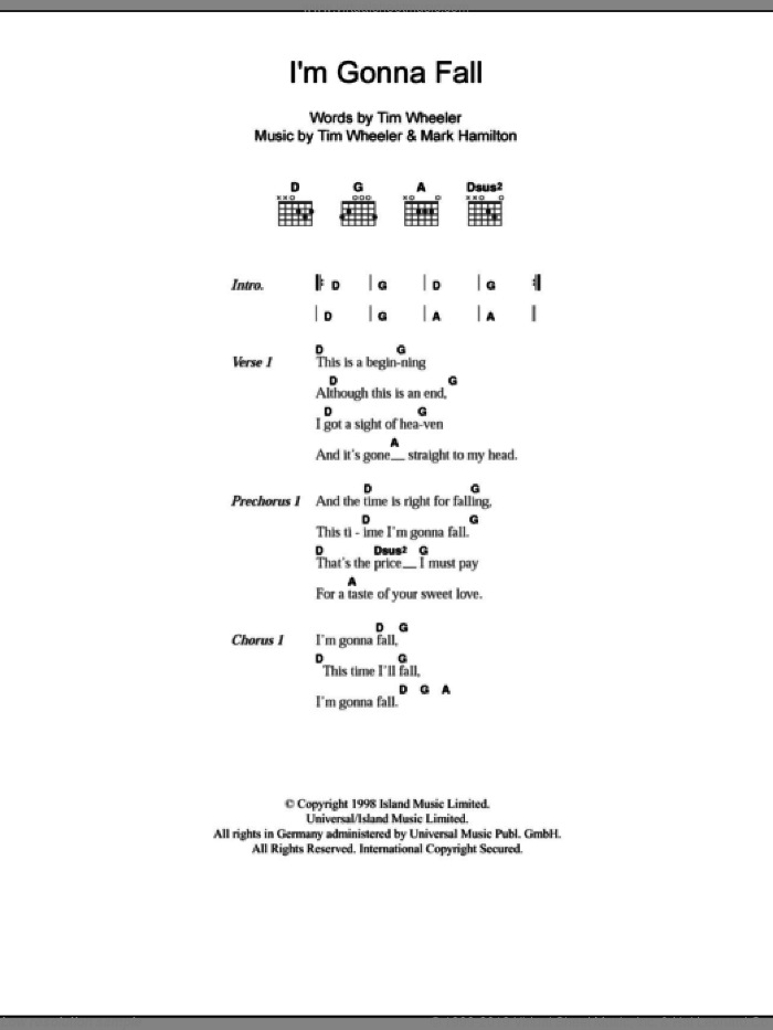 I'm Gonna Fall sheet music for guitar (chords) by Tim Wheeler and Mark Hamilton, intermediate skill level