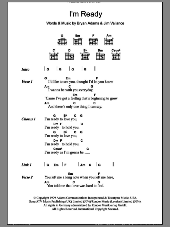 I'm Ready sheet music for guitar (chords) by Bryan Adams and Jim Vallance, intermediate skill level