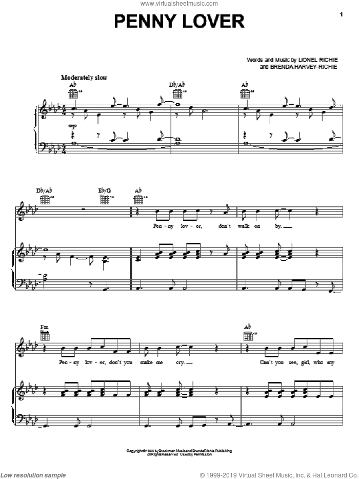 Penny Lover sheet music for voice, piano or guitar by Lionel Richie and Brenda Harvey-Richie, intermediate skill level