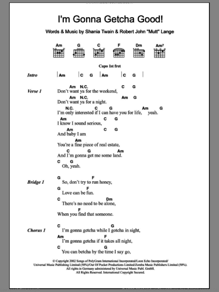 I'm Gonna Getcha Good! sheet music for guitar (chords) by Shania Twain and Robert John Lange, intermediate skill level